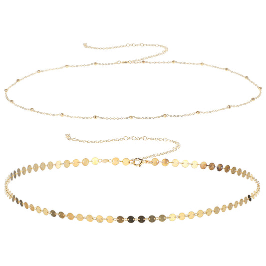 COMNICO Gold Waist Chain, 2Pcs Layered Belly Chain Adjustable Metal Link Body Chain Belt Waterproof Bikini Waist Beads Chain Dainty Satellite Beads Coin Chain Jewelry Gifts for Women