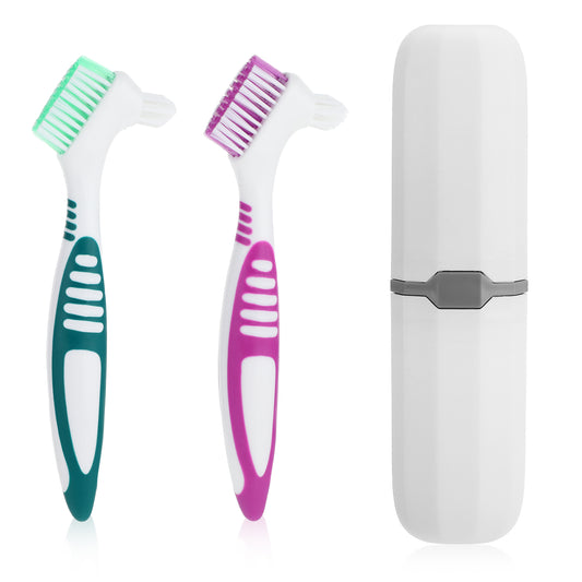 2Pcs Denture Cleaning Brush Set, Denture Toothbrushes, Denture Cleaning Care Brush with White Carrying Case, Multi-Layered Bristles & Ergonomic Rubber Handle for Denture Clean Care (Green&Purple)