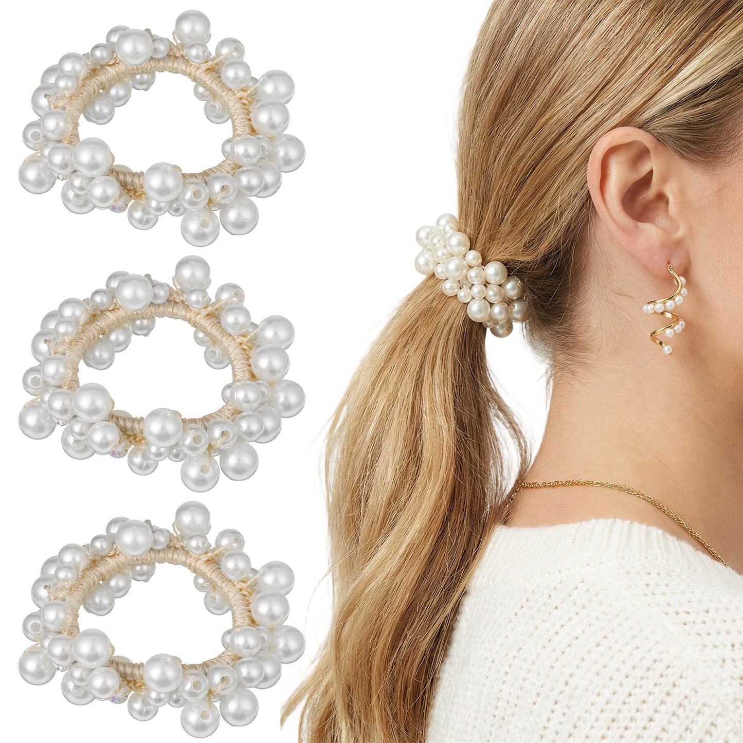 3 Pcs Pearl Hair Scrunchies Beaded Hair Ties Elastic Hairbands Decorative Ponytail Holder Crystal Stretchy Hairs Accessories for Women and Girls Ropes Boho Bride Bachelorette Party