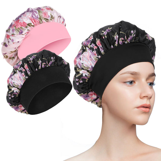 COMNICO Satin Bonnet for Sleeping, 2 Pcs Soft Sleep Cap Large Silk Bonnets African Hair Sleep Wrap Wide Band Salon Hat Hair Loss Cap for Women Men Curly Natural Hair