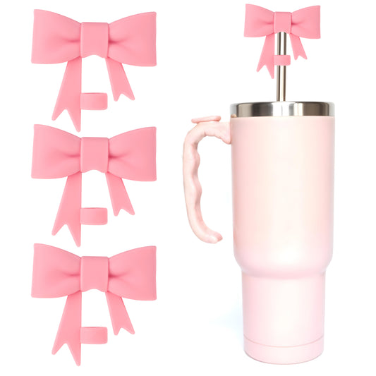 Sibba Bow Straw Covers Cap Toppers 3 Pcs Cute Tumbler Cups Lid Reusable Silicone Straw Topper 10mm Pink Straw Cover Lids Kitchen Utensils for 30&40 oz Tumbler with Handle