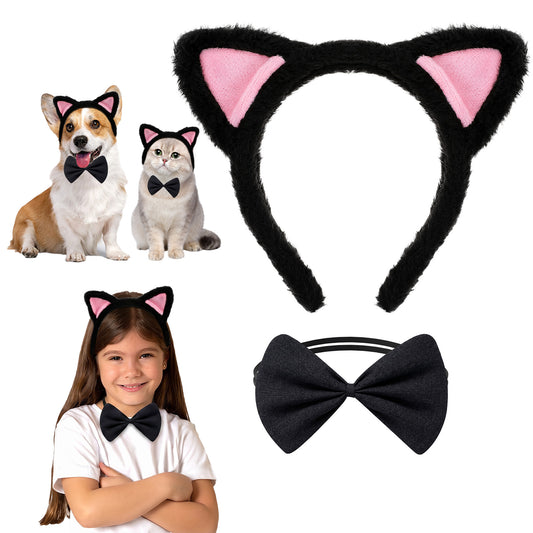 COMNICO Cat Ears Headbands, Plush Soft Cute Washing Face Head band Fuzzy Kitten Makeup Hair Headbands for Mask Skincare Spa Yoga Halloween Parties Cosplay (Black) (Headband + Bow Tie, Black)