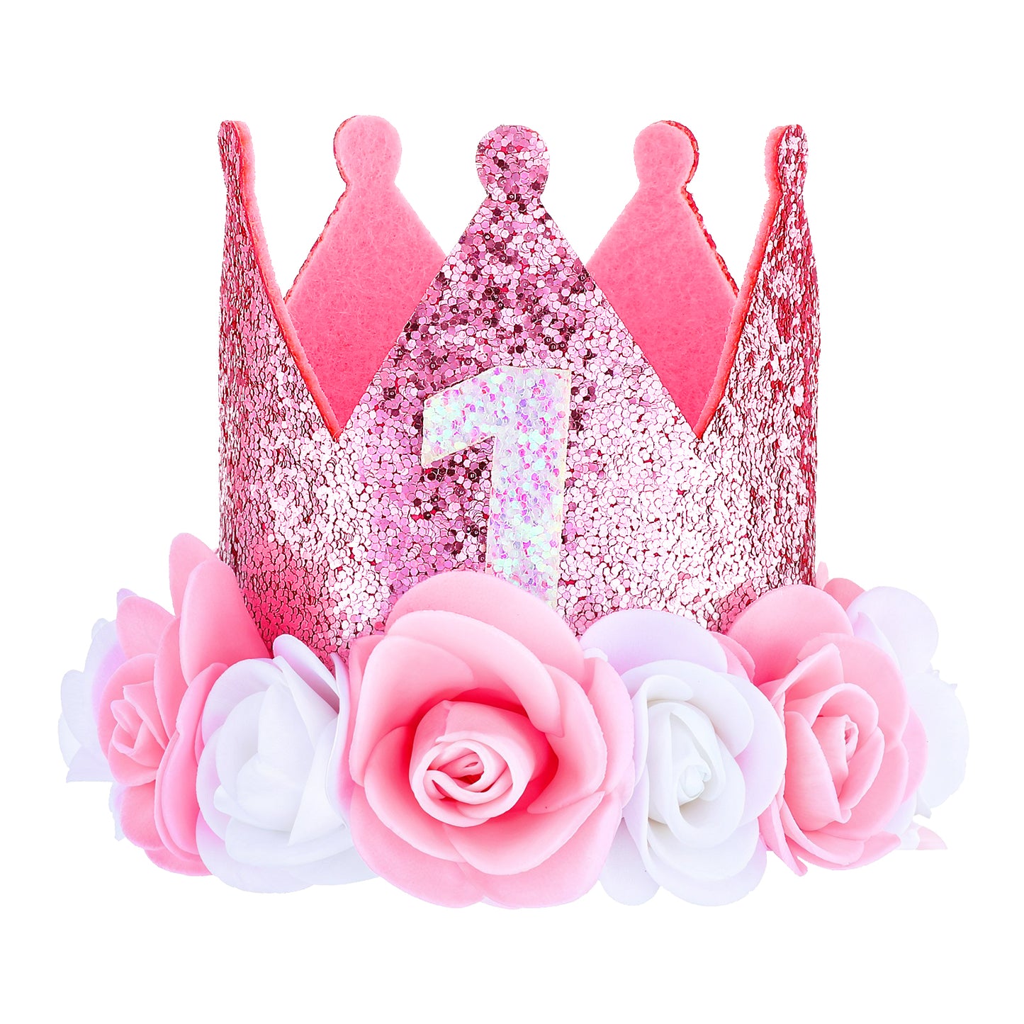 Wanmu First Birthday Hat, Pink Sprinkle 1st Birthday Crown for Girls, 1 Year Rose Gold Baby Girl Decoration, One Year Old Flowers Princess Outfit for Photo Props