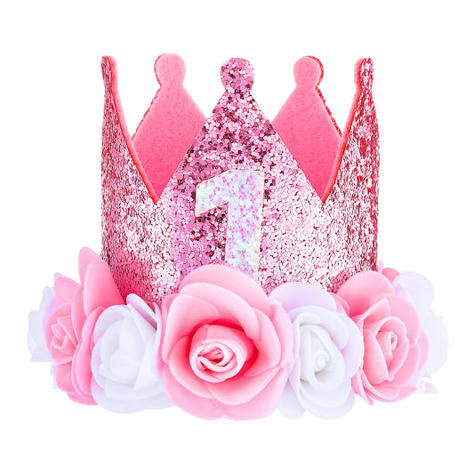 Wanmu First Birthday Hat, Pink Sprinkle 1st Birthday Crown for Girls, 1 Year Rose Gold Baby Girl Decoration, One Year Old Flowers Princess Outfit for Photo Props
