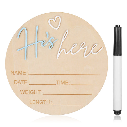 Baby Announcement Sign with Pen, 5.9 Inch Wooden Hello World Newborn Sign, Birth Announcement Board, He's here Decoration, Welcome Newborn Arrival To World, Hospital Nursery for Baby