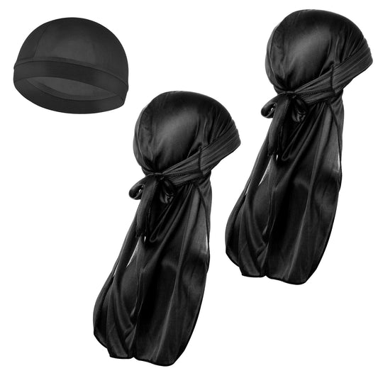 WLLHYF 3 Pieces Silky Durag Caps Black, Pirate Cap with Long Tail Head Wraps Sweat Wicking Beanie Skull Cap Bandana Hat Breathable Comfortable Headwrap Hat for Men Women