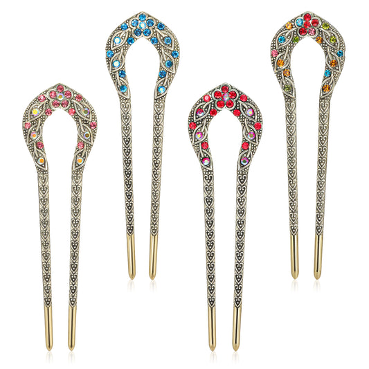 Sibba French Hair Pins 4 Pcs U Shape Hair Fork Pins Chopsticks Hairpins Picks Metal Hair Sticks Hairclips Vintage Long Hair Hairstyle Accessories for Bun Braids Women