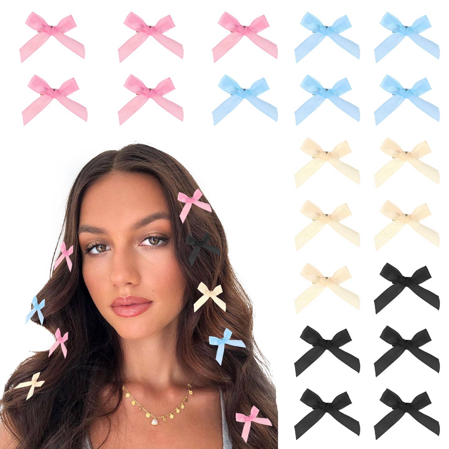 COMNICO 20PCS Bow Hair Clips Mini Bowknot Metal Barrettes Hair Accessories Twist Tie Silky Satin Hair Ribbon Cute Non-slip Hairpins for Women Girls Teens Kids(Black+beige+pink+blue)