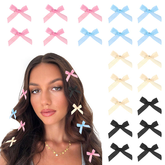 COMNICO 20PCS Bow Hair Clips Mini Bowknot Metal Barrettes Hair Accessories Twist Tie Silky Satin Hair Ribbon Cute Non-slip Hairpins for Women Girls Teens Kids(Black+beige+pink+blue)
