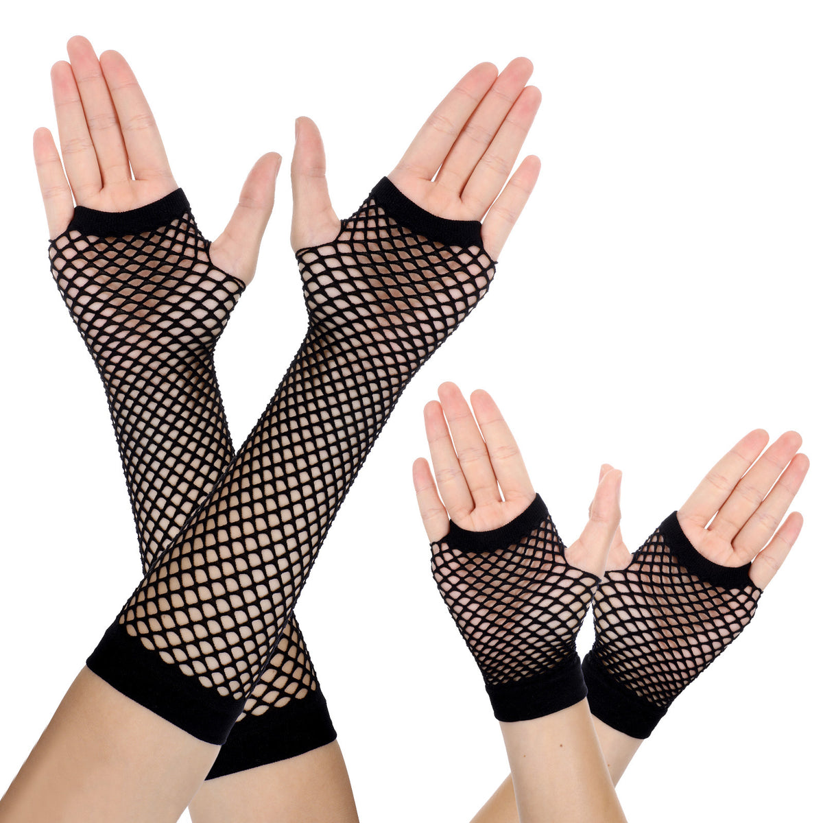 Qianyu 2 Pairs Fishnet Gloves Fingerless for Women Fish Net Arm Sleeves