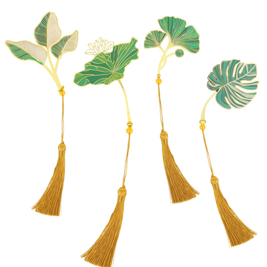 COMNICO 4 Pack Metal Bookmarks with Tassel, Beautiful Flowers Leaf Plant Book Marks Cute Funny Page Markers Gifts for Women Mother's Day Teacher Appreciation Book Lovers (Green)