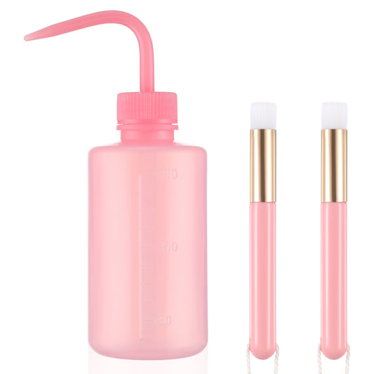 COMNICO Lash Shampoo Brush Rinse Bottle Sets, 1pcs 250ml Plastic Safety Squeeze Wash Bottle and 2pcs Facial Nose Blackhead Lash Cleaning Brushes for Tatoo Eyelash Extension Supplies (Pink)
