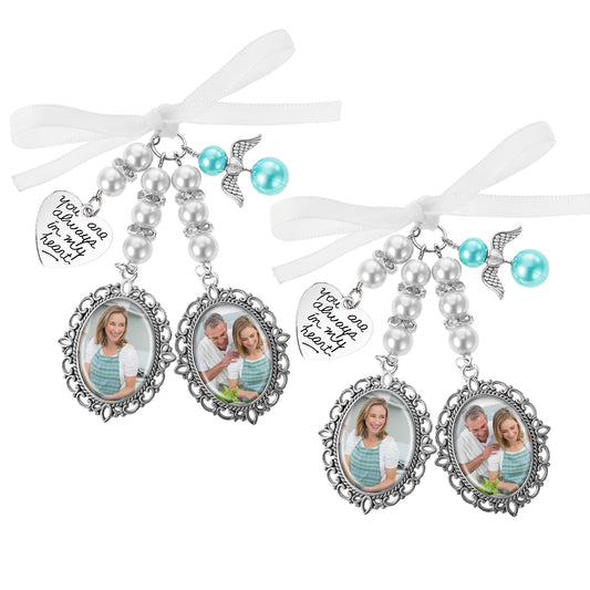 2Pcs Wedding Bridal Bouquet Photo Charms Silvertone Keepsake Ribbon Bow Pearl You Are Always In My Heart Personalized Memorial Pendant Customize Bridegroom DIY Picture for Memory Friend Gift
