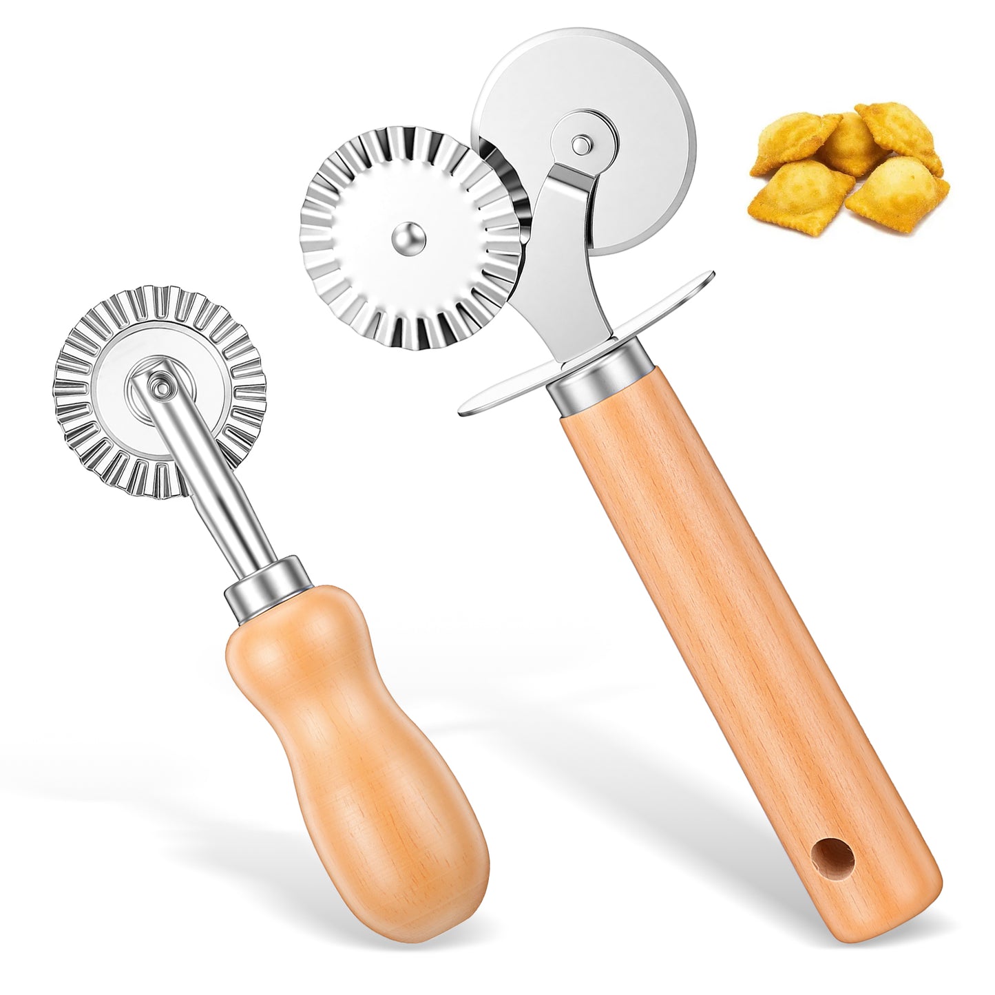 Qianyu 2 Pcs Pastry Wheel Cutter Double Fluted Pasta Cutter Stainless Steel Ravioli Crimper Edge Cheese Slicers Wheel with Wooden Handle for Home Kitchen Making Pastry Pizza Cookie Pasta Tools