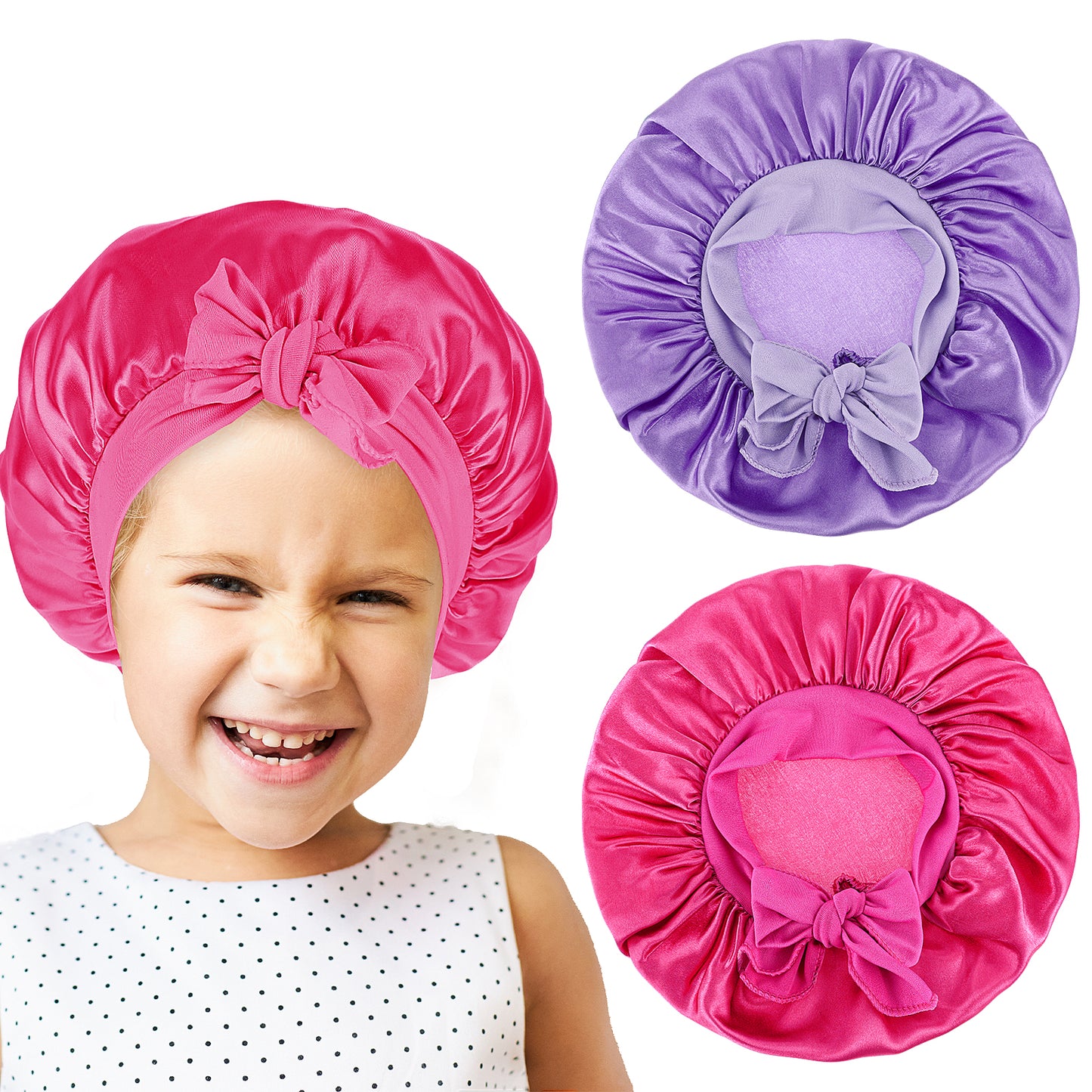 COMNICO Hair Bonnets for Kids, 2 Pcs Silk Bonnet Adjustable Cute Hair Bonnets Natural Wide Elastic Band Sleeping Cap with Scrunchies for Girls Boys Teens Child