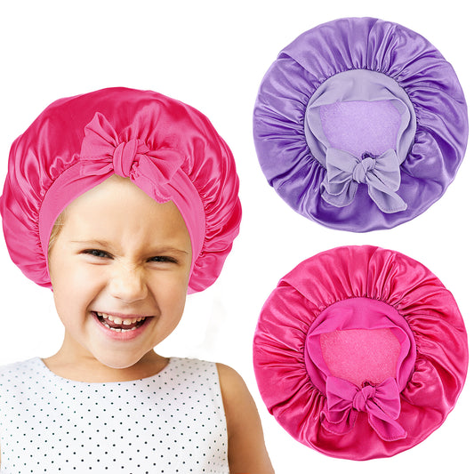 COMNICO Hair Bonnets for Kids, 2 Pcs Silk Bonnet Adjustable Cute Hair Bonnets Natural Wide Elastic Band Sleeping Cap with Scrunchies for Girls Boys Teens Child