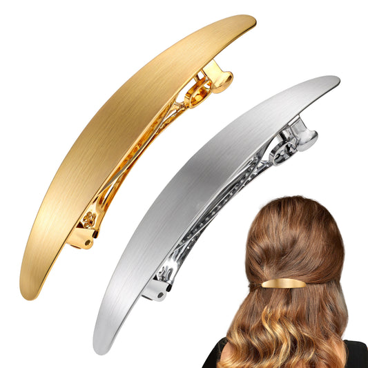 COMNICO French Metal Oval Hair Barrettes, 2Pcs Gold Silver Vintage Large Hair Clip Non-Slip Simple Wedding Prom Formal Hair Clips Strong Hold Grip Hair Accessories for Women Girls Long Thick Hair