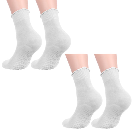 2 Pairs Women Pilates Socks with Grips Non-slip Ruffle Yoga Sock White Athletic Grip Socks Workout Crew Sock Set for Dance Ballet Gym Accessories