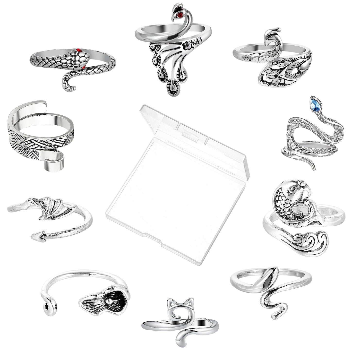 Wanmu 10Pcs Adjustable Crochet Ring, Crochet Ring Finger, Finger Yarn Guide Knitting Tension Rings, Cat-Shaped Snake-Shaped Open Ring for Crocheting Companion Ring for Women