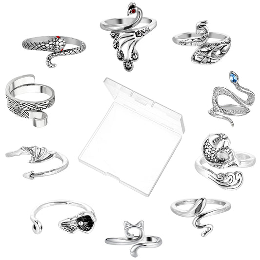 Wanmu 10Pcs Adjustable Crochet Ring, Crochet Ring Finger, Finger Yarn Guide Knitting Tension Rings, Cat-Shaped Snake-Shaped Open Ring for Crocheting Companion Ring for Women
