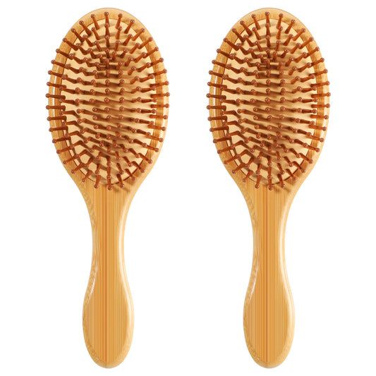 2 Pcs Bamboo Hair Brush with Bamboo Bristles, Natural Wooden Scalp Massage Brush Detangling Paddle Hairbrush for Women Men, Wooden Brushes for Dry, Curly, Thick, Thin and Straight Hairs & Hair Growth