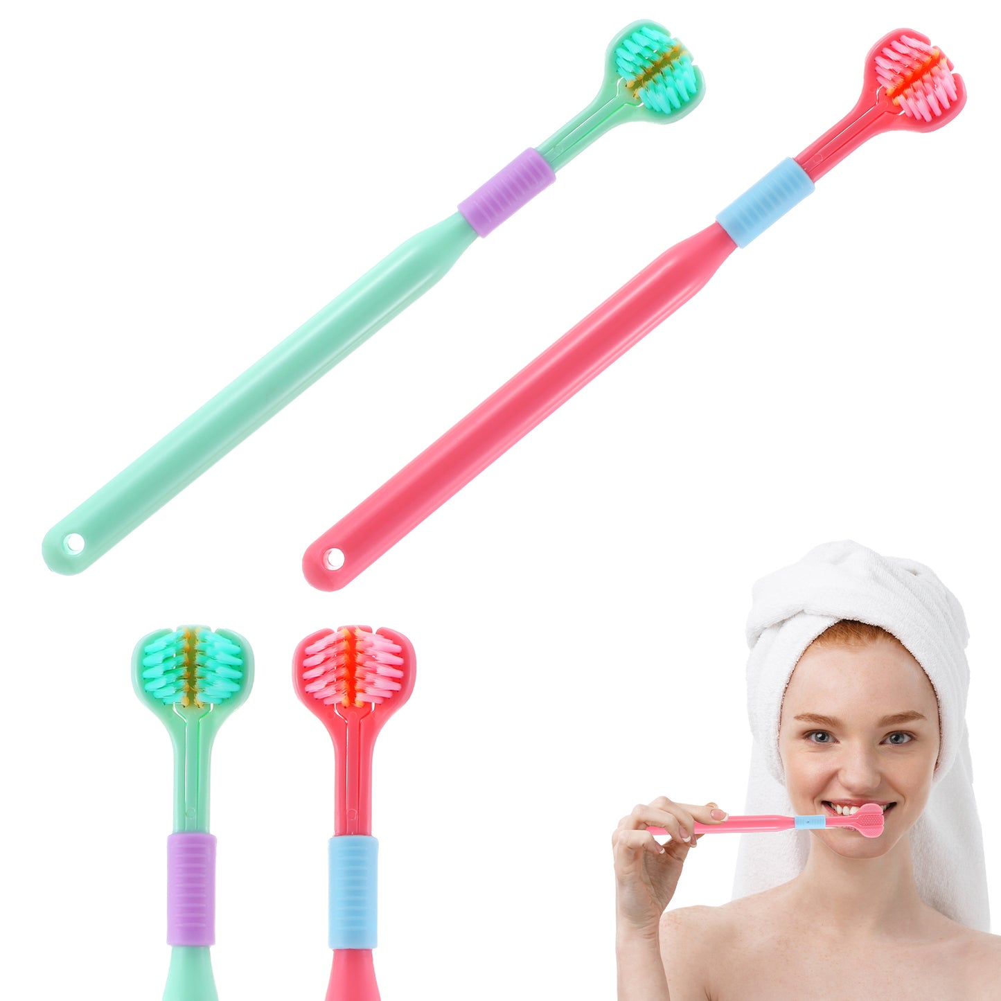 Sibba 2PCS Triangular Toothbrushes Three-Bristle Travel Brush Effective All-Around Design Great Angle Thoroughly Cleans Every Tooth Soft Manual Toothbrushes for Men and Women (Pink, Green)
