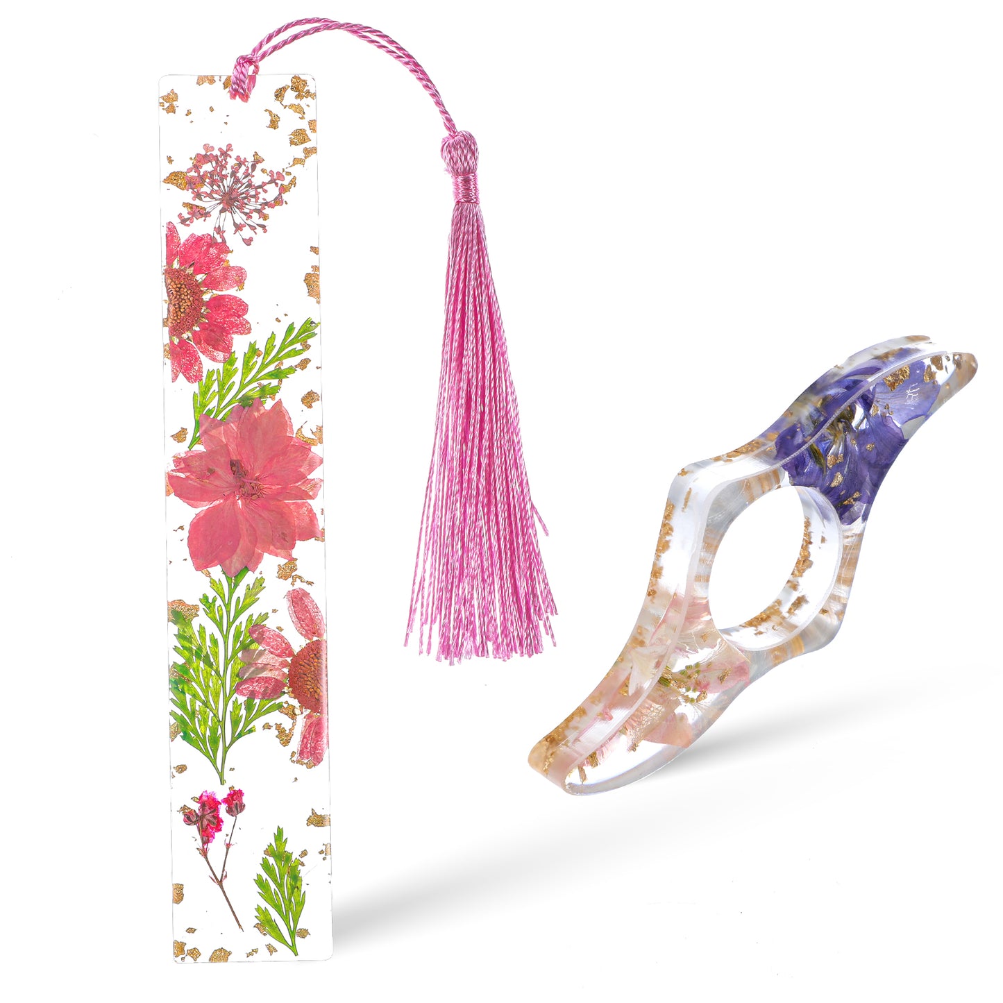 Wanmu 2Pcs Thumb Book Page Holder, Dried Flower Resin Book Page Holder, Book Mark Set Handmade Bookmarks with Tassel, Thumb Bookmark Book Accessories for Reading Lovers(Pink)