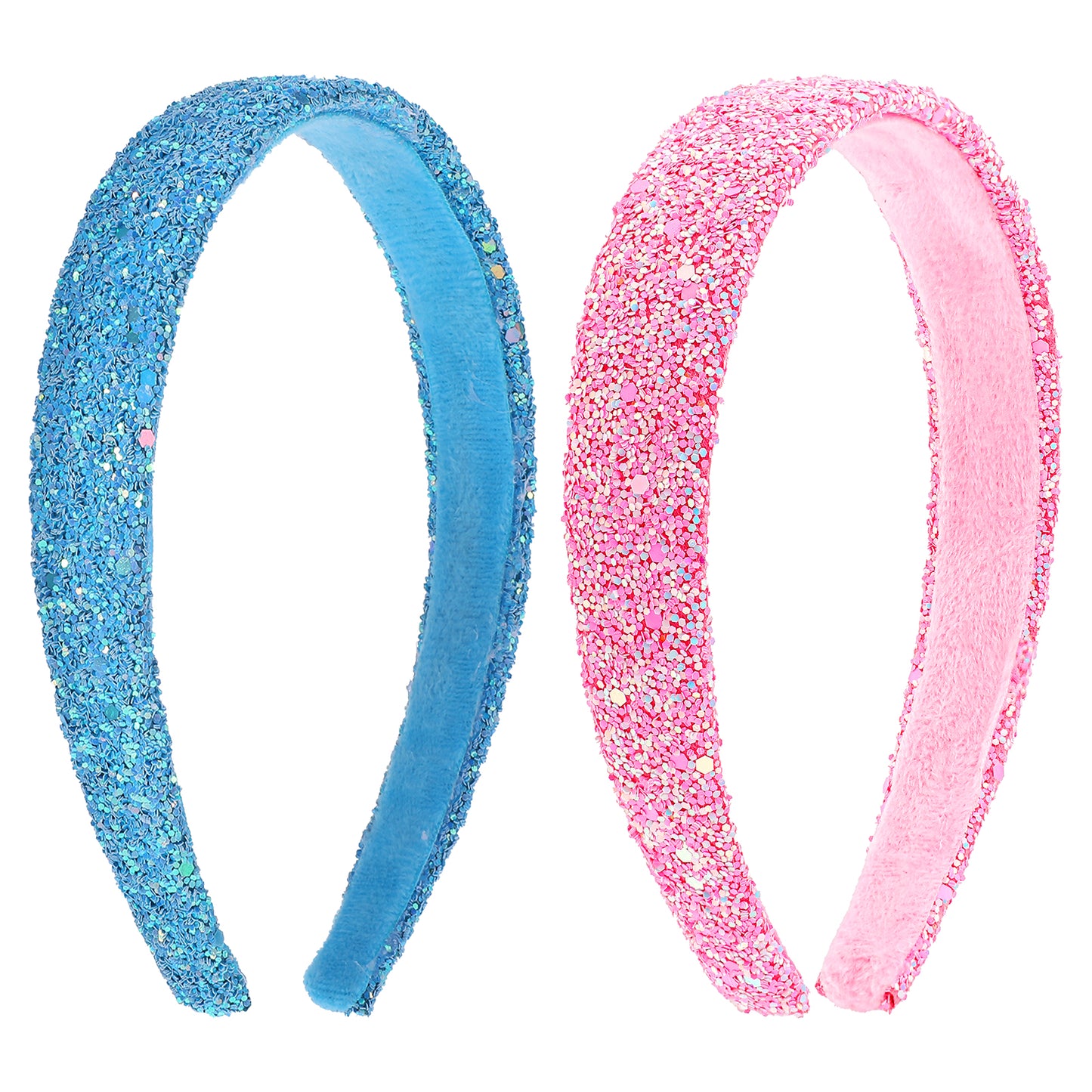 COMNICO 2 PCS Glitter Headbands for Girls, Cute Sparkly Wide Thick Head Bands Bling Non Slip Hairband Rainbow Sequin Little Girl Hair Accessories for Children Kids Women (Blue+Pink)