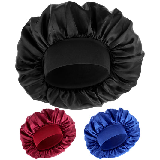 Wanmu 3Pcs Silk Bonnet for Men Women Elastic Band Satin Hair Bonnet Soft Adjustable Sleep Cap Hair Wrap for Sleeping Natural Curly Braids (Black, Blue, Red)