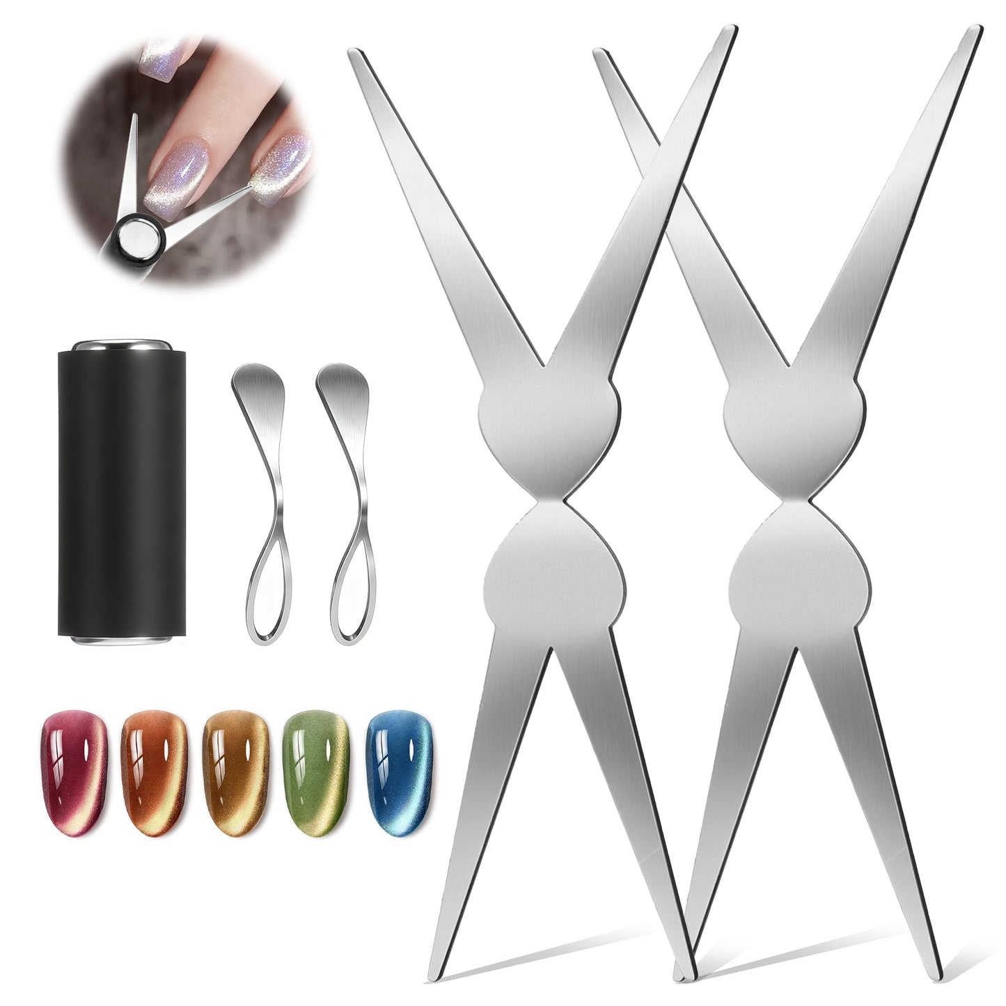 Qianyu Cat Eye Magnet Set for Nails, Scissor-shaped Matte Cylinder Nail Magnet Tool Double Head 2-in-1 French Cat Eye Gel Polish Magnet for Nail Art DIY Home Salon Studio V Shape Smile Line