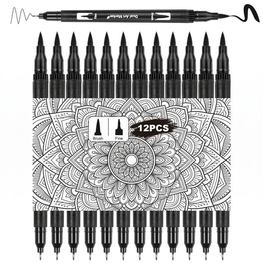Sibba 12 Pack Black Drawing Pens Black Markers for Drawing Dual Tip Brush Fineliners Pens Fine Point Washable Brush Tip Markers for Adults Art Drawings Sketching Journaling Calligraphy Dooding Marking