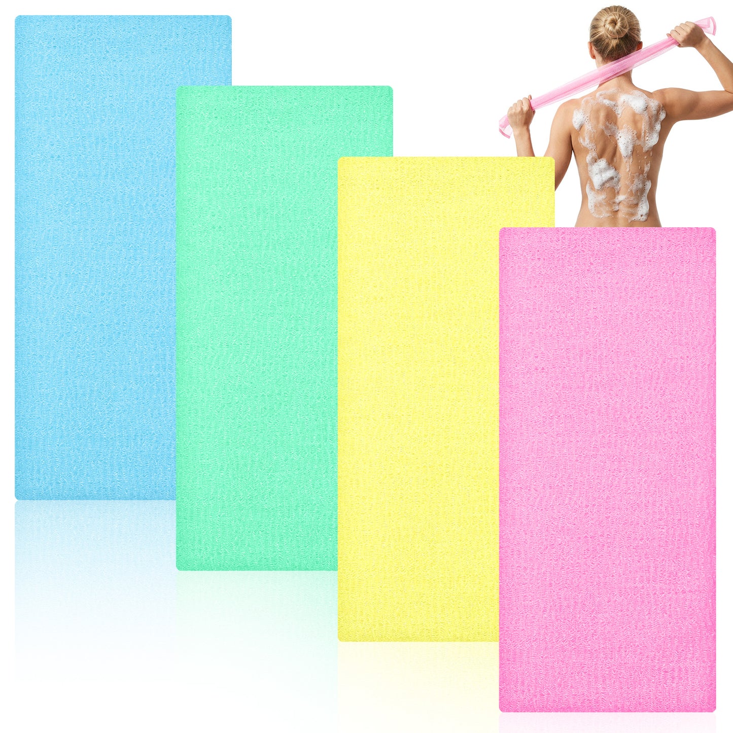 Hecila 4 Pcs Exfoliating Washcloth Japanese Nylon Bath Exfoliating Towel for Shower 35 Inch Skin Bath Wash Towel Body Scrubber Washcloth Loofah Sponge Net Rag Back Washer for Women and Men