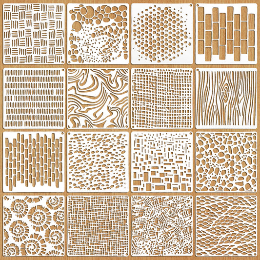 16 Pcs Cubist Stencils for Crafts Reusable Texture Spirals Stencils Net Wood Stone Spray Paint Layering Templates Paint Art Stencils Geometric Patterns Brick Wall Template for DIY Scrapbook
