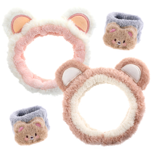 4 Pcs Spa Headband Cute Bear Face Washing Wristband Set Skincare Plush Hairband Soft Fuzzy Facial Makeup Head Band for Women Girls Wash Wraps Cosmetic Beauty