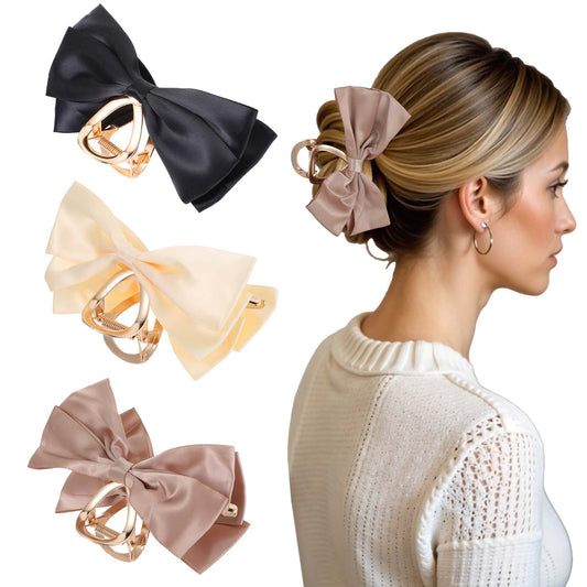 COMNICO Bow Hair Clips, 3Pcs Bow Claw Clip Premium Bow knot Metal Claw Clips Nonslip Satin Bow Hair Barrette Solid Color Big Bows Hair Accessories for Women and Girls