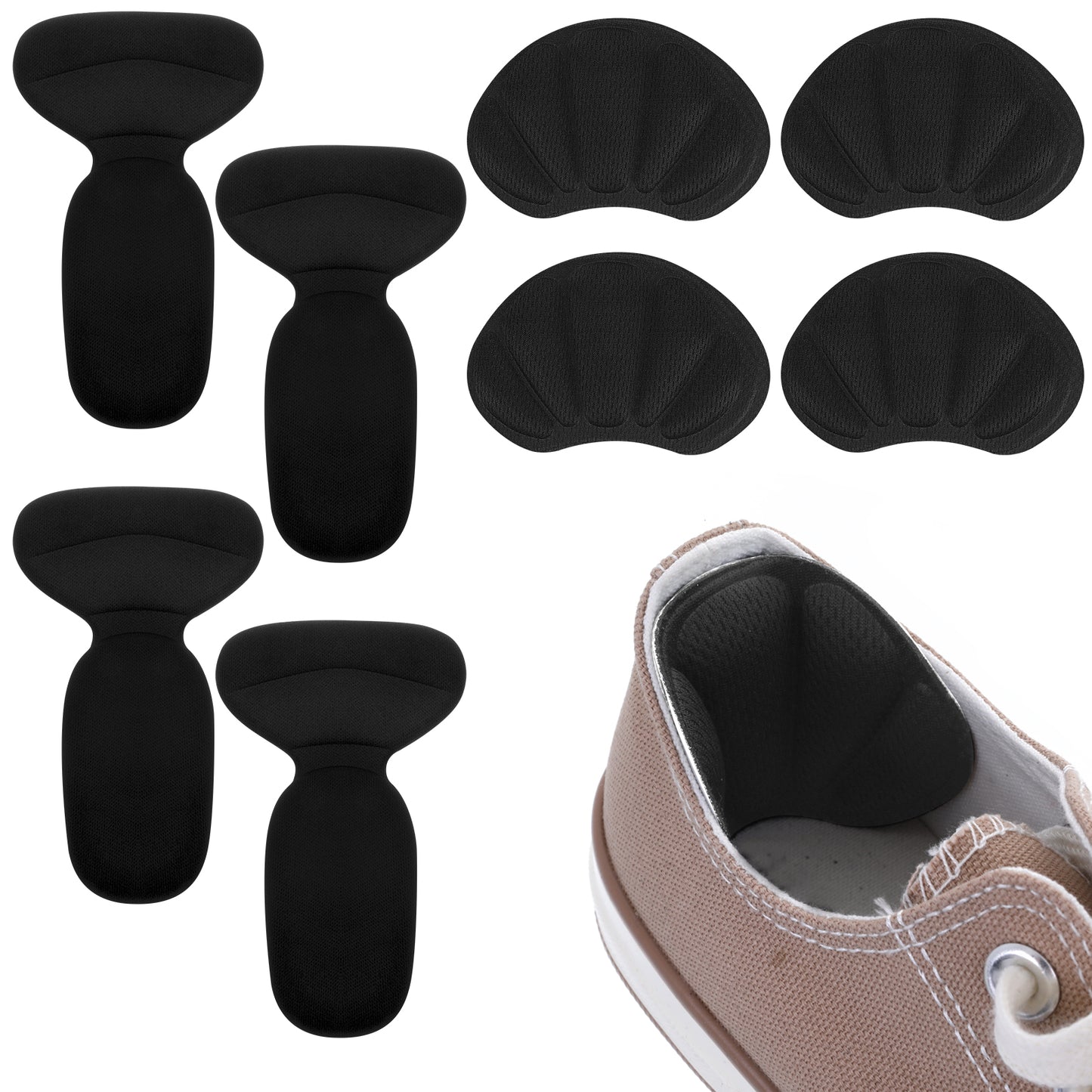 Wanmu Adhesive Heel Cushion Pads for Loose Shoes, 8 Pcs Anti-Slip Heel Grips & Cushion Inserts for Loose Fit, Heel-Guards Liners, Heel-Grips Protectors - 2 Sizes(Black)