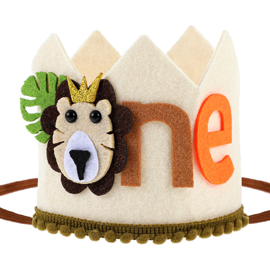 Wanmu 1st Lion Theme Birthday Crown, Wild One Birthday Decorations, Frist Birthday Hat with Soft Elastic, Jungle Safari Wild for Party Supplies, Cute Animal Decoration for Boys, Photo Props