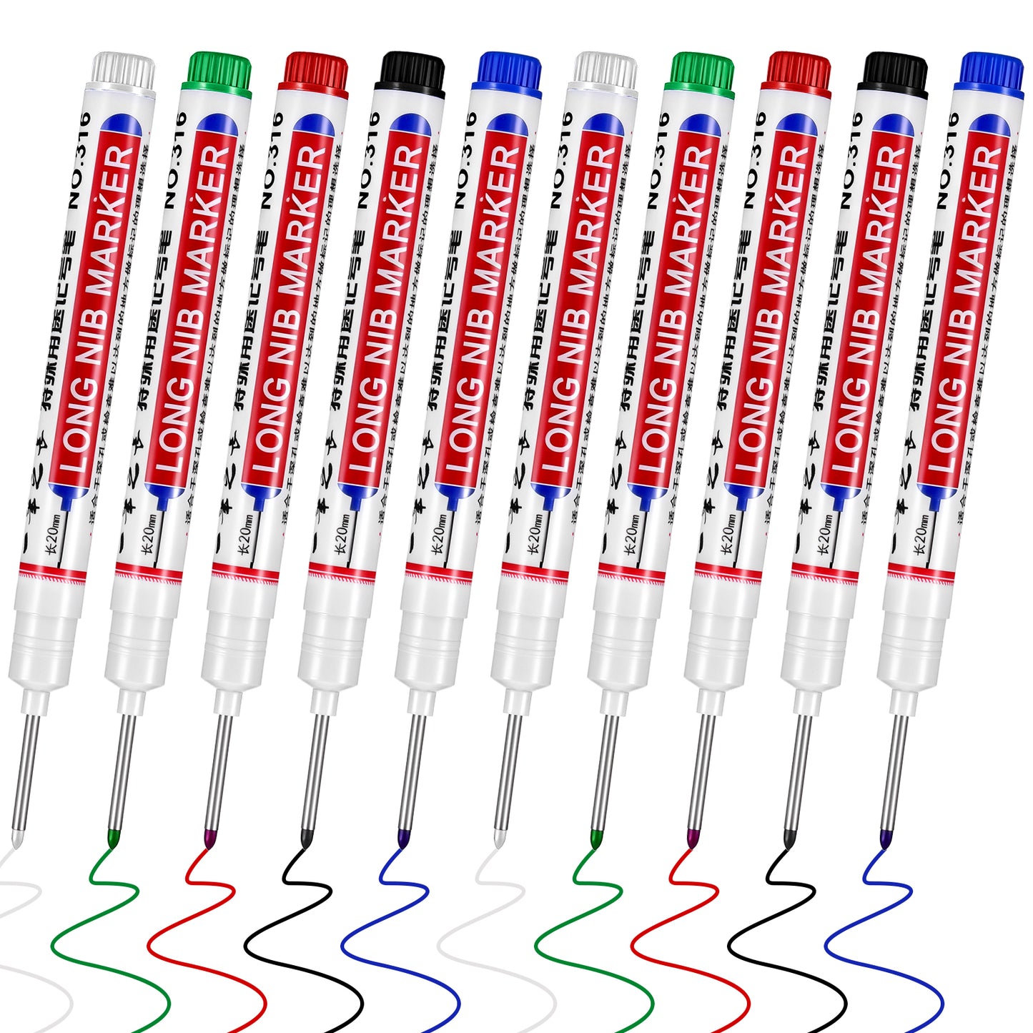 10 Pcs Long Head Deep Hole Marker 20mm Long Nib Marker Quick Dry Waterproof Carpenter Pen Construction Markers Marking Tool Permanent Metal Pen Markers for Woodworking Hardware Decoration Office Art