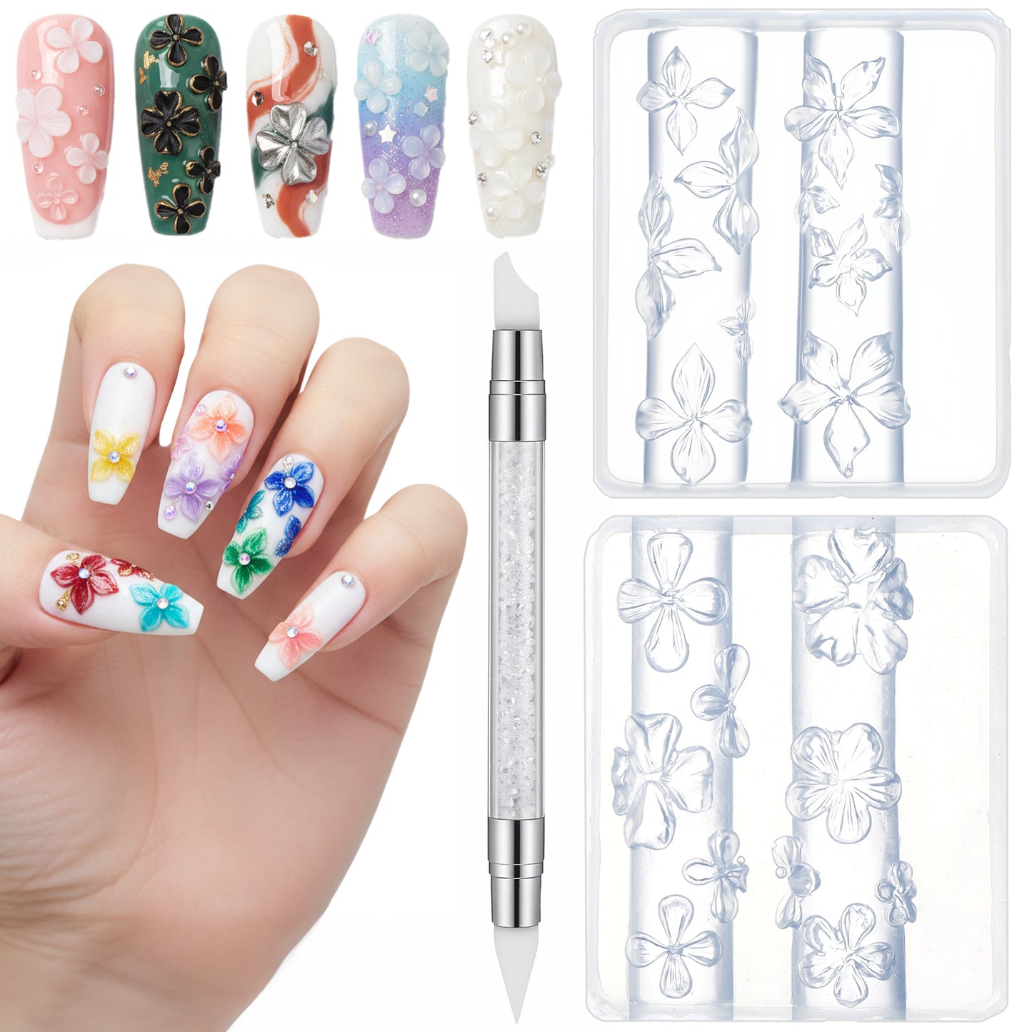 Heclia Flowers Nail Mold Kit 2PCS Transparent Silicone Nails Molds with Carving Pen for 3D Flower Nail Charms Manicure Decorations Accessories DIY Nails Supplies for Home & Salon