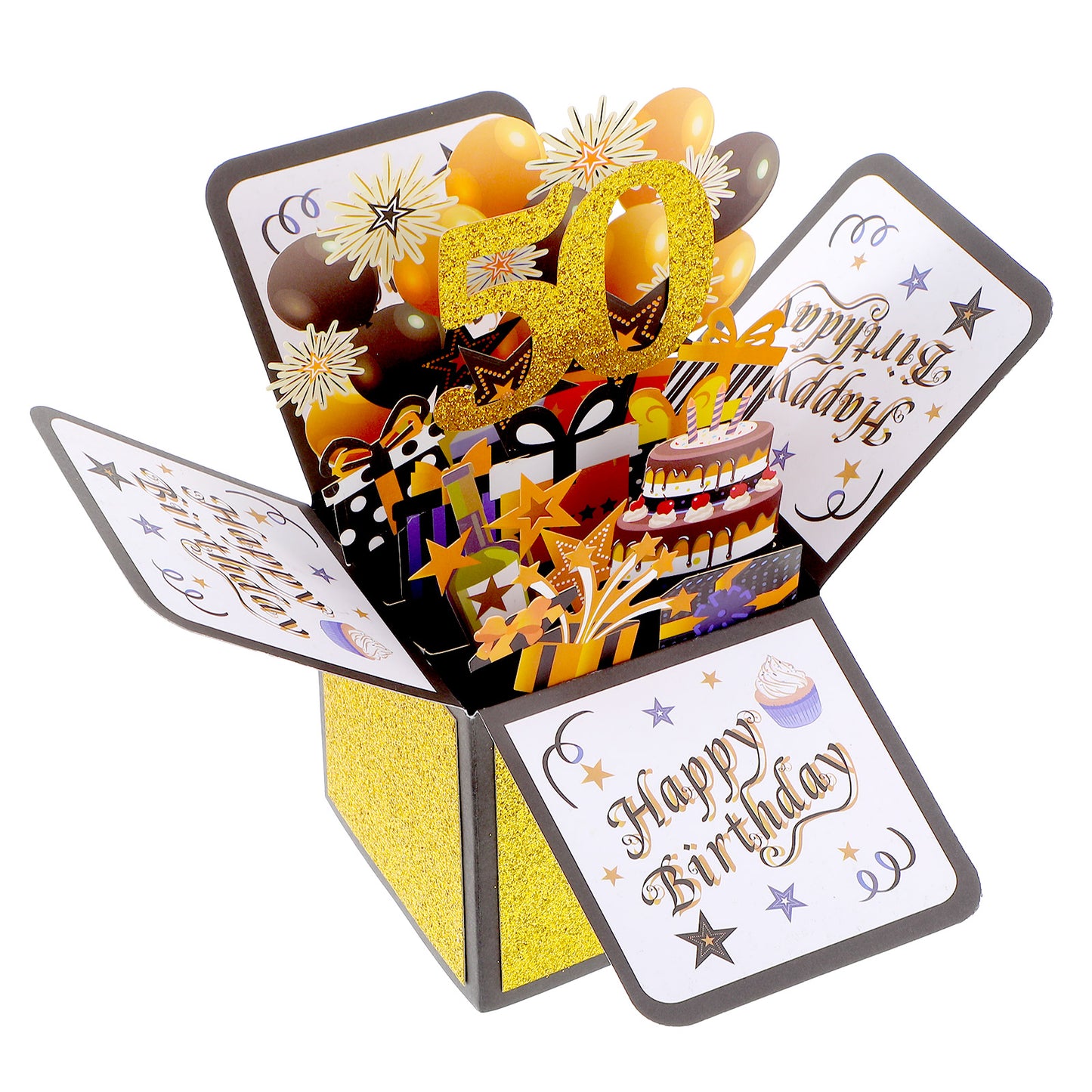 Wanmu 50th Birthday Pop Up Card with Envelope, Unique Cool 3D Greeting Card Happy Birthday Gift Box, Elegant 50 Year Old Gifts for Men, Women, Mom, Wife, Sister, Grandmother(Black Gold)