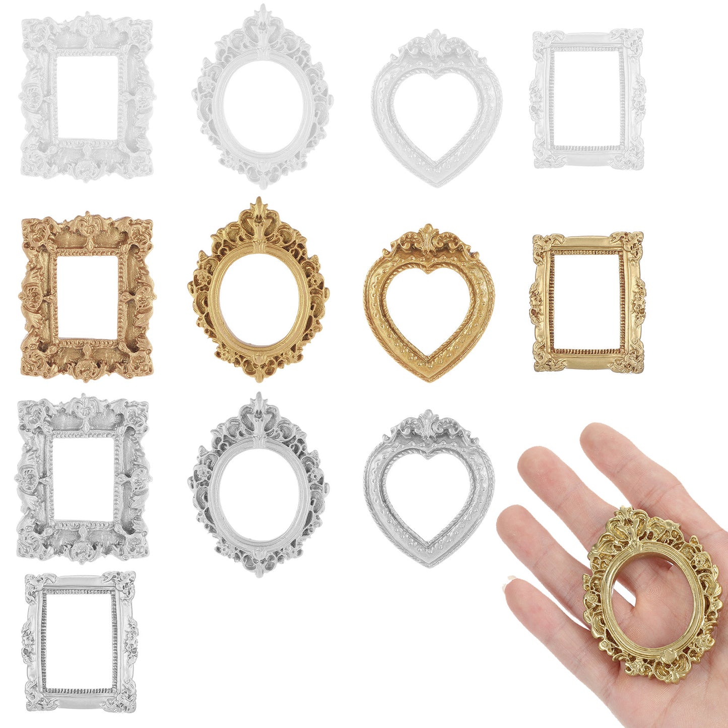 Heclia 12 Pcs Miniature Dollhouse Accessories Gold Foil Mini Picture Frames Set Dollhouses Ornaments for Crafts Victorian Baroque Style Dollhouse Frames in Gold Silver White for 1/12 Scale Display