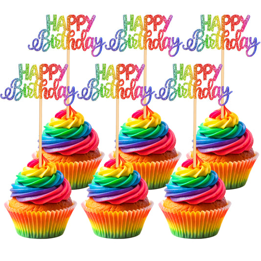 COMNICO 24 Pack Happy Birthday Cupcake Toppers, Glitter Happy Birthday Cake Food Pick Cupcake DIY Decoration Supplies for Celebrating Anniversary Baby Shower Theme Party (Colorful)