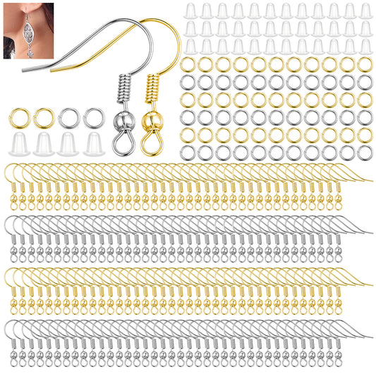 Wanmu 600 Pcs Earring Making Supplies Kit, Earring Hooks Set with Ear Wires Fish Hooks, Clear Silicone Earring Backs Stoppers and Jump Rings for DIY Jewelry Making (Silver, Gold)