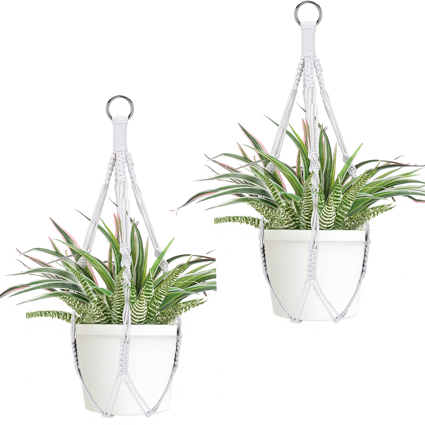 Wanmu Macrame Plant Hanger, 2 Pcs Boho Indoor Hanging Planter Basket, Decorative Braided Cotton Flower Pot Holder No Tassels with Metal Hook Rings for Indoor Outdoor Home Decor, Beige, 20 Inchs