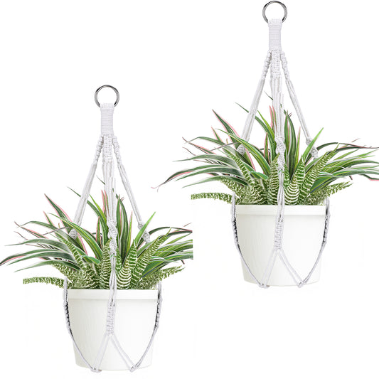 Wanmu Macrame Plant Hanger, 2 Pcs Boho Indoor Hanging Planter Basket, Decorative Braided Cotton Flower Pot Holder No Tassels with Metal Hook Rings for Indoor Outdoor Home Decor, Beige, 20 Inchs