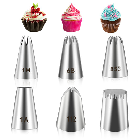 6Pcs Large Piping Tips Set Stainless Steel Cake Decorating Tips Frosting Icing Tips Open Star Pastry Tip Cake Decorating Tips Baking Tools for Cupcakes Cake Cookie Eclair Churro Meringue