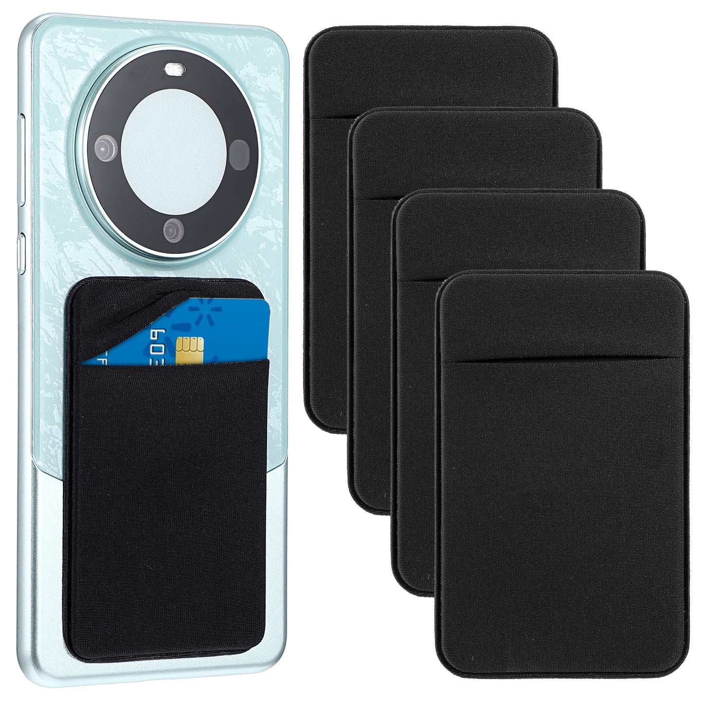 Wanmu 4 Pcs Adhesive Cell Phone Card Holder Pocket, Phone Stick On ID Card Wallet Credit Card Holder, Self Adhesive Sticker Case for Back of Android and All Smartphones (Black)