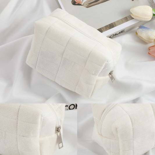 Sibba Puffy Pencil Pouch 2 PCS Zipper Cosmetic Bag Kit Toiletries Handbag Cute Plush Makeup Bags Aesthetic Purse Travel Accessory Beauty Brushes Storage Cases School Office Belonging Organizer(White)