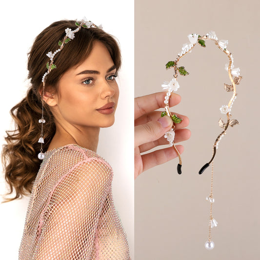 COMNICO Flower Headband, 1Pcs Crystal Tassel Headband Gold Leaf Boho Headband Hair Chain Hairhoop Wedding Fairy Accessories Headpiece Bridal Crown for Women and Girls Birthday Party