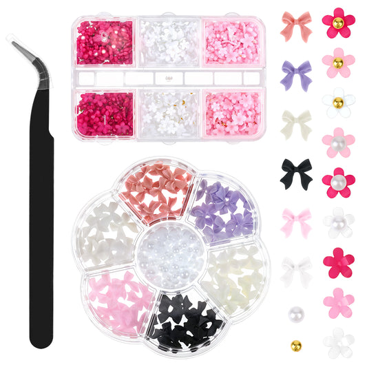 COMNICO Bow Nail Charms, 1100Pcs 3D Colorful Bowknot Cute Nail Charms and Flatback Pearls Colorful Butterfly Bow Resin Rhinestones Nail Art Accessories with Pickup Tools for Nail DIY Decoration
